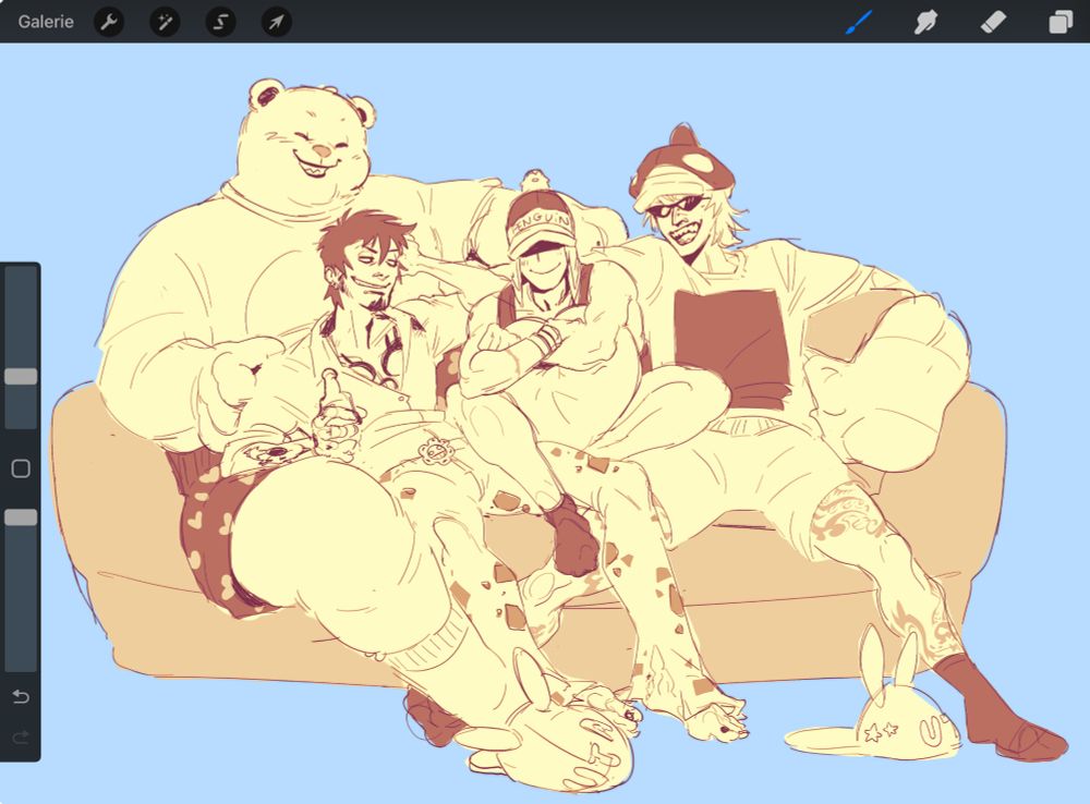 Sketch of Bepo, Law, Penguin and Shachi in casual clothing, happily chilling on a couch together.They’re all leaning lazily against each other with their legs tangled up.