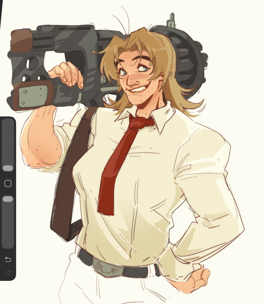 Milly in a looser white shirt and red tie, smiling confidently with her stun-gun on her shoulder. One of her sleeves is rolled up to reveal a muscular forearm.