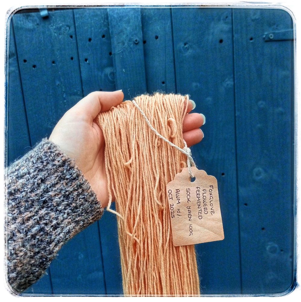 A loose skein of pale terracotta yarn looped over a cold hand sticking out from a brown jumper sleeve, with a dark painted shed behind.