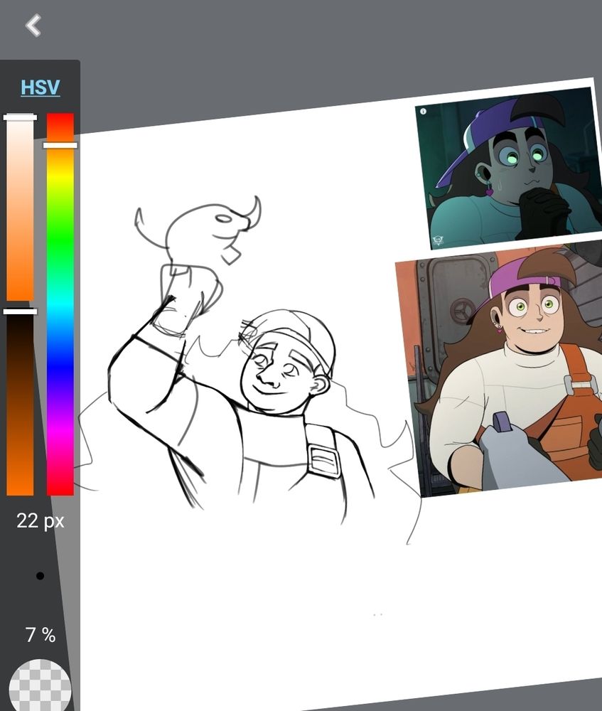 A screenshot of medibang paint mobile, with a sketch of Frankie from KoG lifting her arm to a floating sketch of the pink anteater. Frankie disappears into whiteness mid bust and to the side there are two reference images from the show.