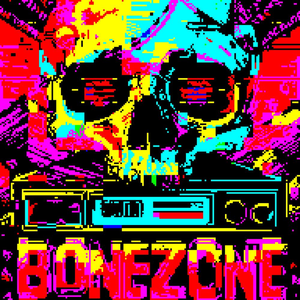 Pixel art image of a skull above a cassette player with the text "BONE ZONE" below, set against a colorful, distorted background.