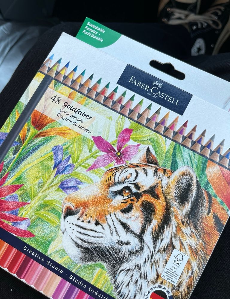 48 count colored Faber-Castell pencils with an image of a tiger on the box