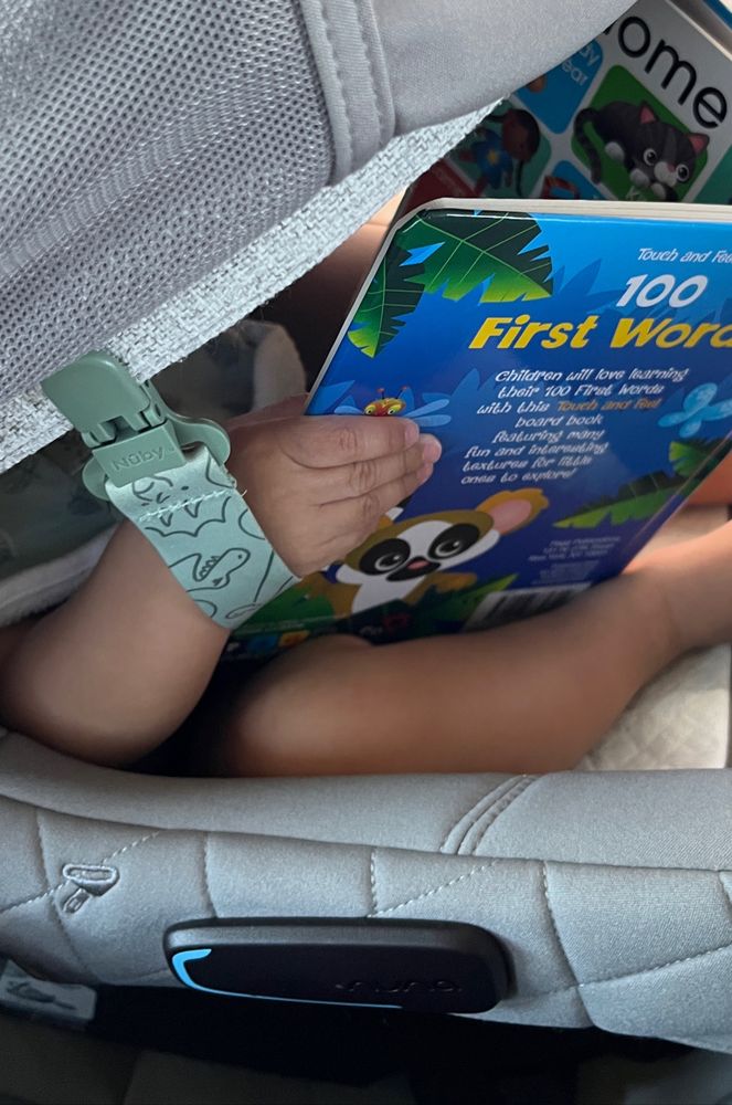 Baby trading a “100 first words” in car seat 