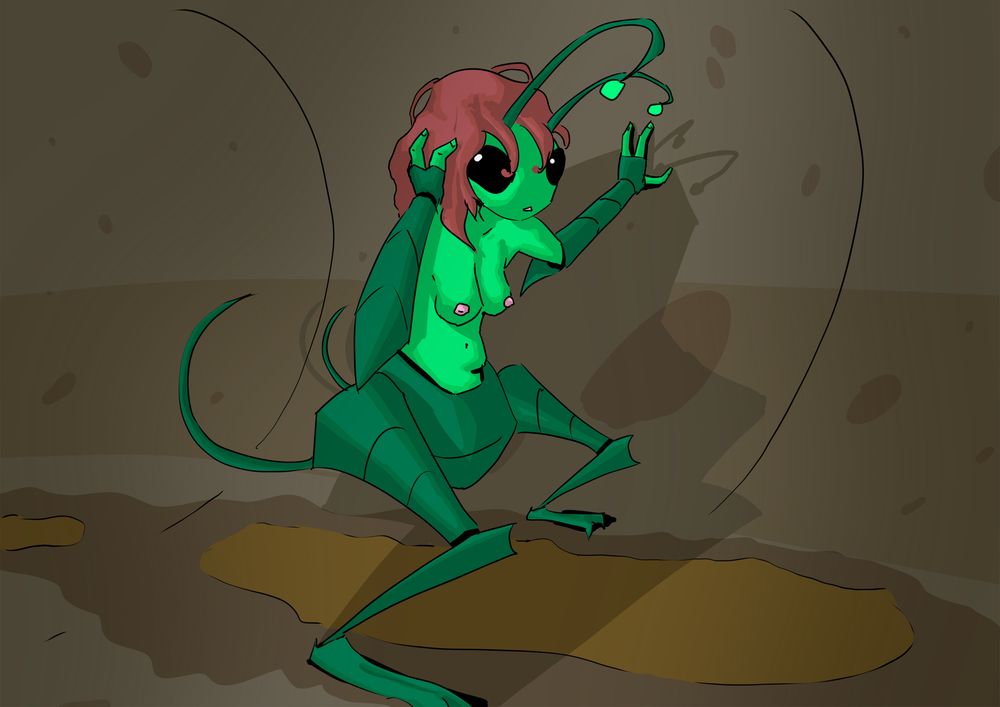 Weird cricket girl in a sewer. She is grabbing her head with her right hand and feeling the wall with her left hand.