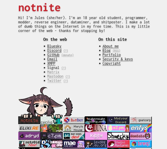 notnite.com with the newly added catgirl staring at the 88x31s