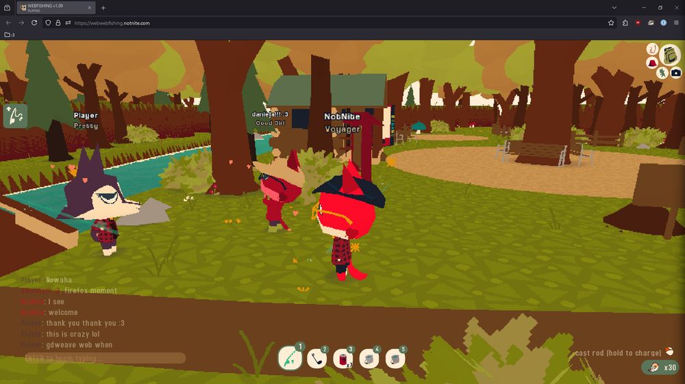 Screenshot of multiple people in a WEBFISHING lobby in the browser