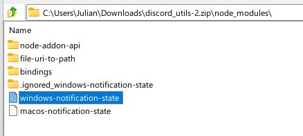 Screenshot of an new copy of discord_utils open in 7-Zip. The entry "windows-notification-state" is a broken symlink.