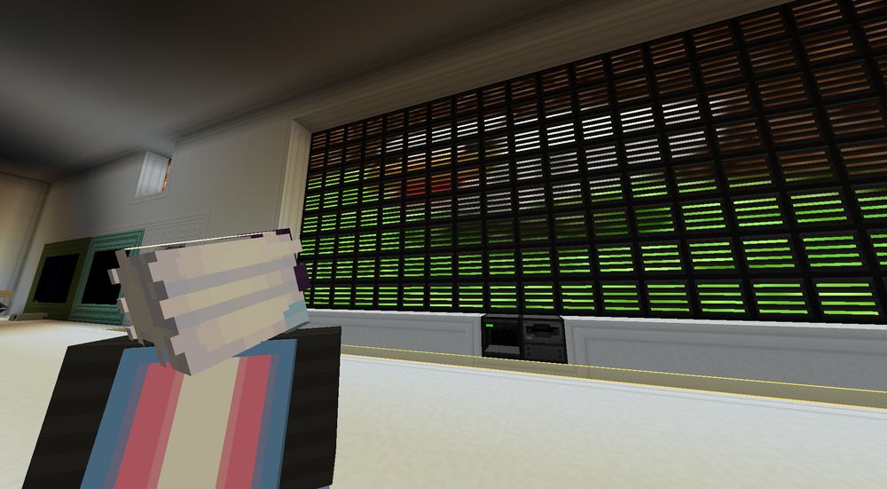 a Minecraft player looking at a screen made out of server racks, displaying a stretched image of a Minecraft chicken
