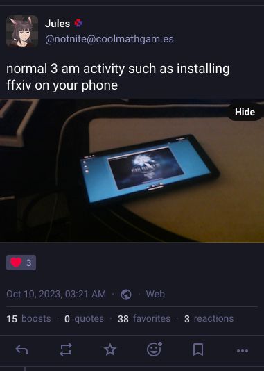 a Mastodon post from me saying "normal 3 am activity such as installing ffxiv on your phone" with a photo of FFXIV running on my Pixel 7