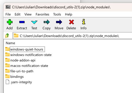 Screenshot of an older copy of discord_utils open in 7-Zip. The entry "windows-notification-state" is a folder.