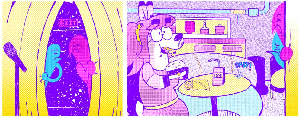 two blob guys peek out a curtain at a deer woman eating a burger in an empty comedy club