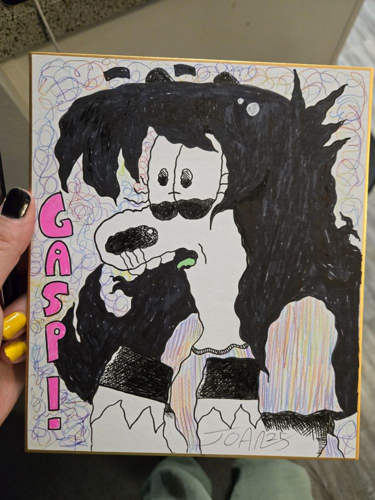 A hand drawn joan sona who is gasping