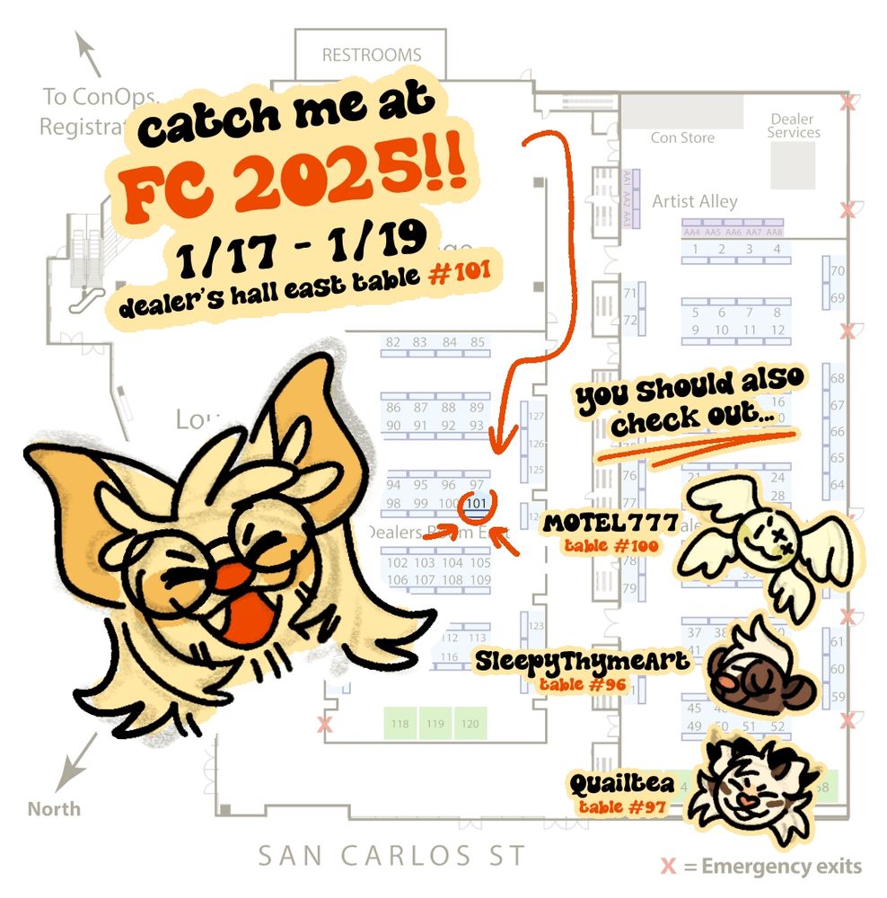 A graphic showing the layout of the dealer's den for Further Confusion 2025, with the table of the artist, table 101, highlighted. 