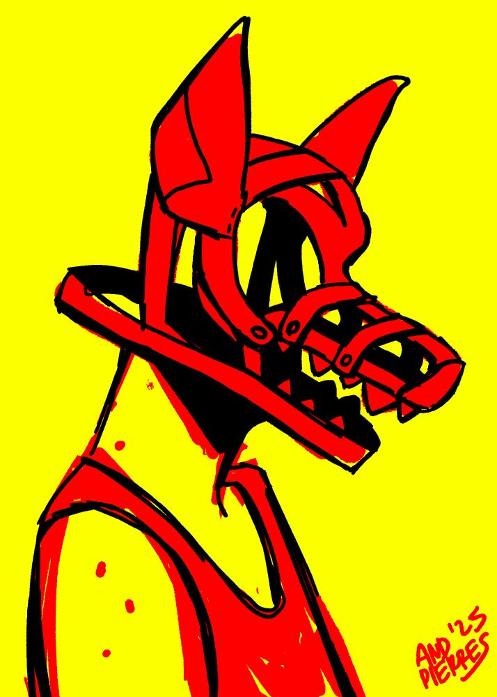 A drawing of an ambiguous person (?) on a bright yellow background, wearing a metal dog head shaped cage mask used to punish women in the 1500s.