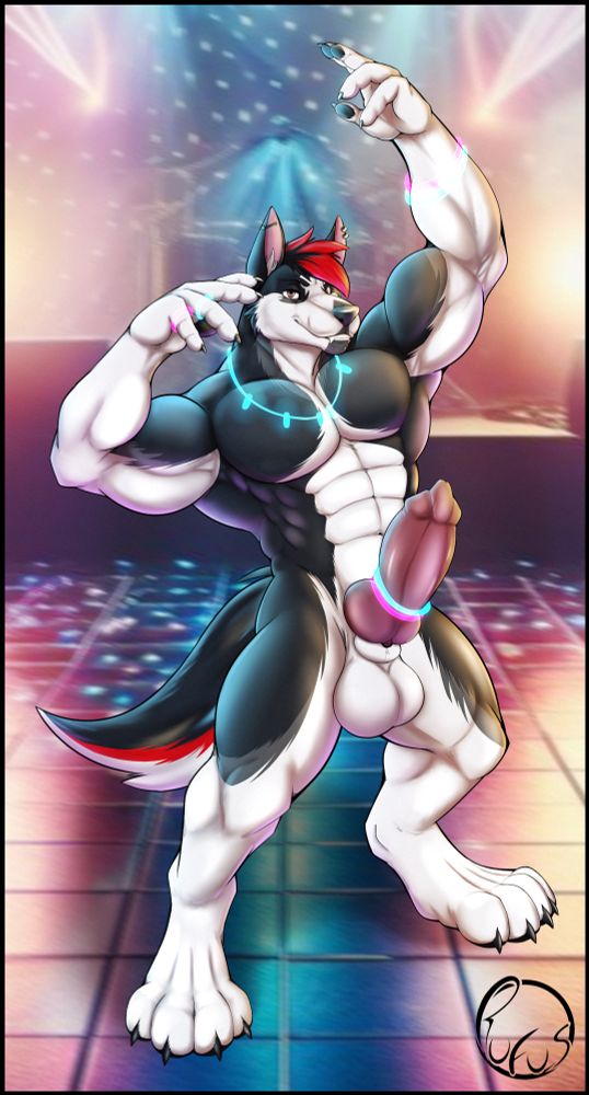 Sebastian standing in the middle of a club dance floor, fully nude. He is adorned with glow lights, including a couple on his erect cock. He is standing in a power pose looking at the viewer.