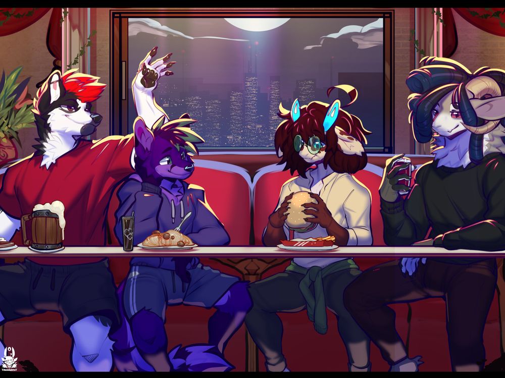 From left to right: Sebastian, Caloo, Greenie, and Baji sitting in a diner eating and drinking food. Sebastian is drinking a beer in a classic wooden mug, Caloo is eating spaghetti, Greenie is eating a burger, and Baji is drinking a soda or cocktail.