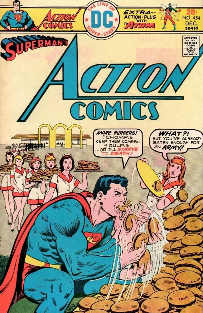 Cover of Action Comics #454, depicting Superman eating lots of hamburgers.