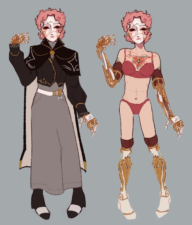 A fullbody reference of Galatea in work uniform and semi-nude. Her face is covered by a prosthetic porcelain mask, as well as four of her limbs (cut off past the joints). There is an augmentation crystal in the center of her chest where raw copper ore seems to be growing.