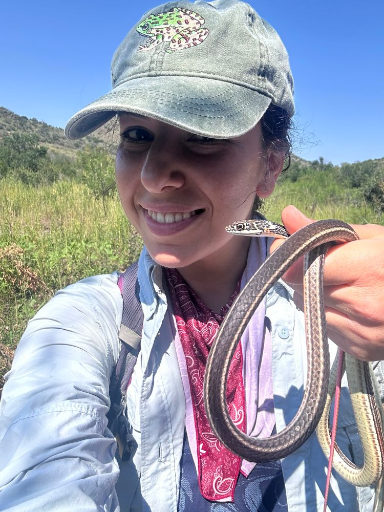 Anat takes a selfie with a striped whipsnake - long thin snake that is mostly black with thin white strips along its sides. The end of the belly toward the tail transitions from cream to pink 