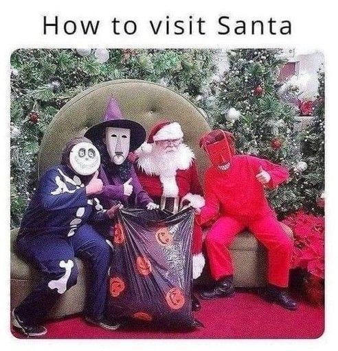 A mall Santa being visited by 3 adults dressed as the characters from the movie The Nightmare Before Christmas who kidnap Santa in he movie