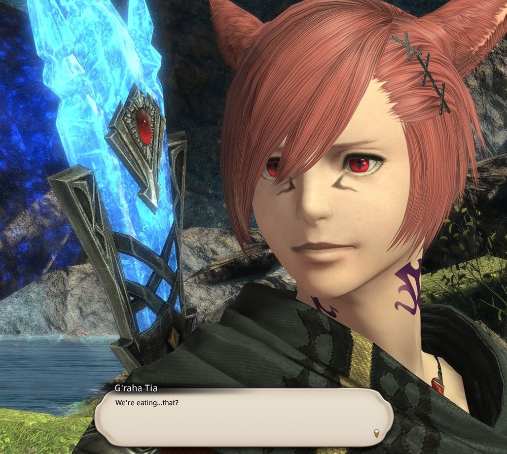 ffxiv screenshot: graha with an expression of dubiousness

G'raha: We're eating...that?