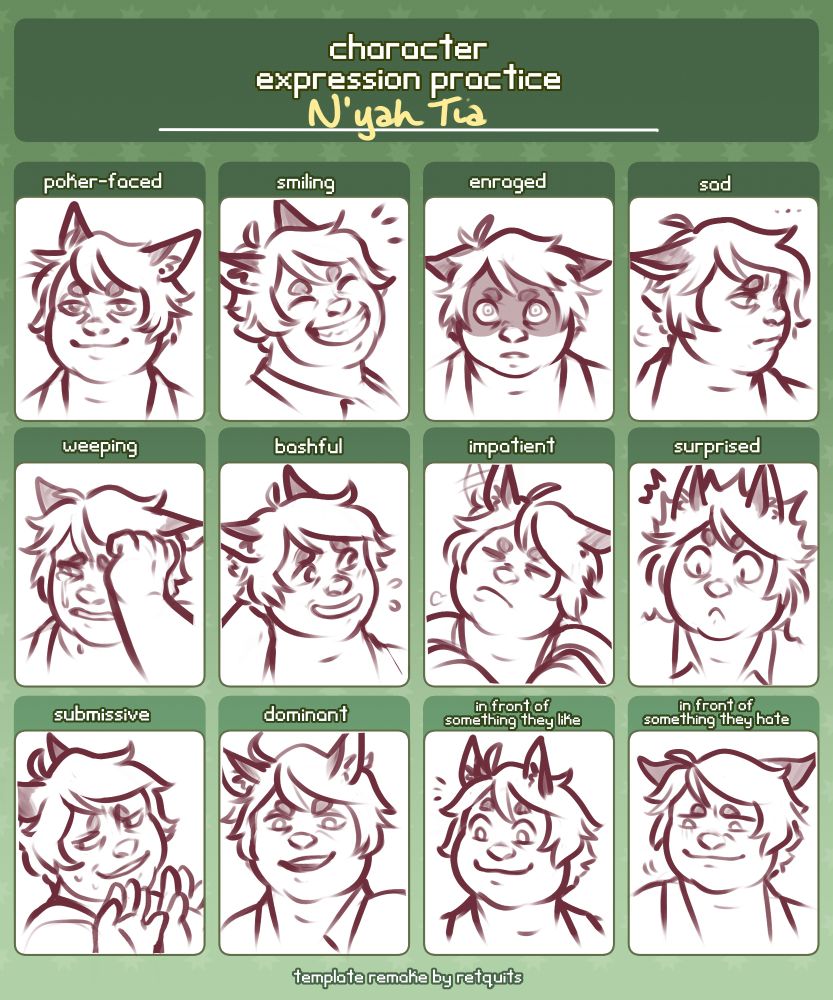 a character expression sheet meme filled out with my miqo wol, nyah. the expressions are: poker-faced, wmiling, enraged, sad, weeping, bashful, impatient, surprised, submissive, dominant, in front of something they like, and in front of something they hate.