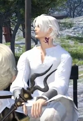 thancred, in the arr credits scene, wearing a plain white shirt with weird grey cuffs