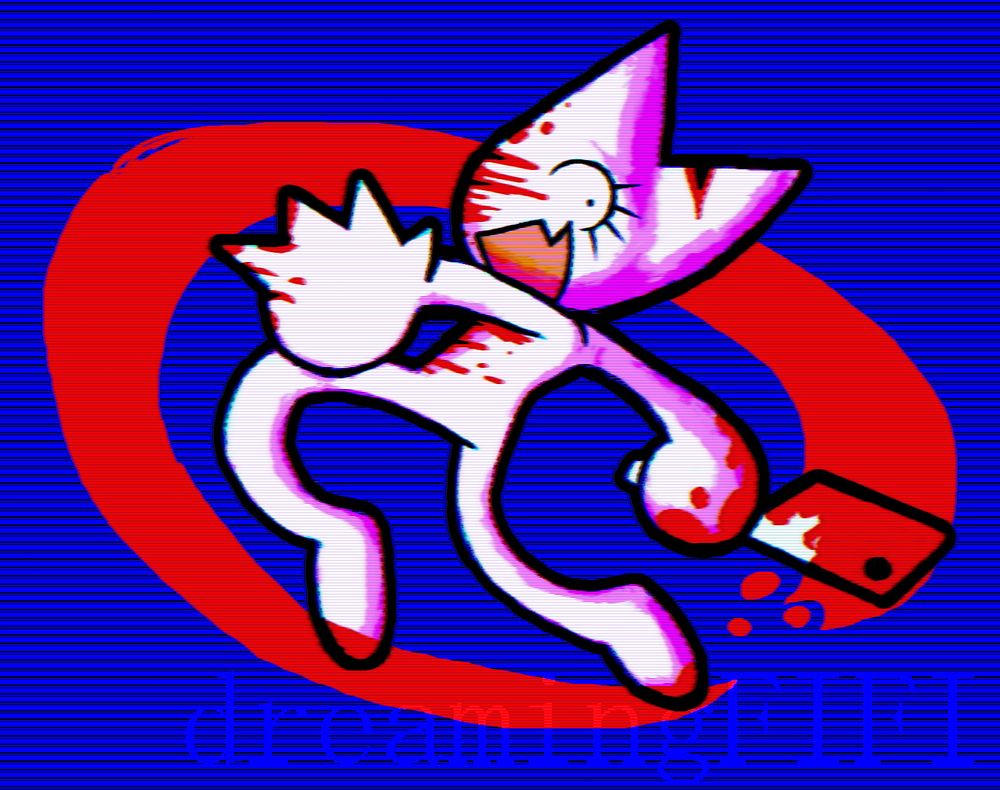 Fanart of musician Femtanyl's mascot character Token, swinging a cleaver.