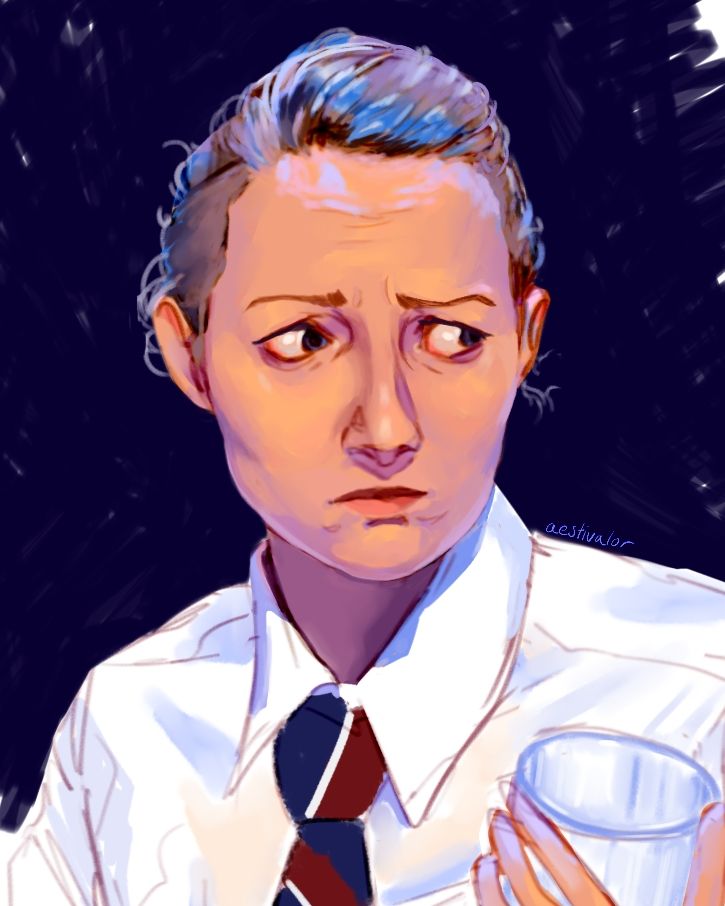 painted sketch of natasha hodgson as ewen montagu from the musical operation mincemeat