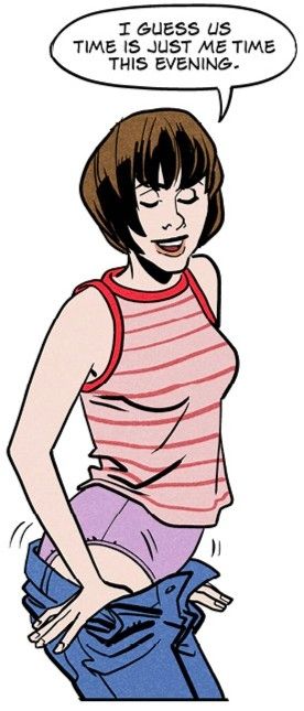 Elizbeth is wiggling out of her jeans revealing her panties.