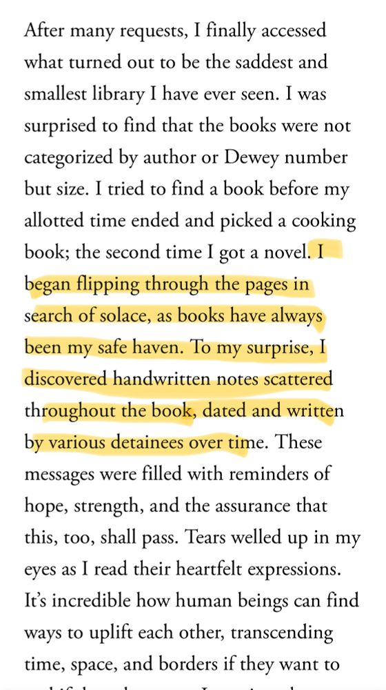 Rumeysa Ozturk’s description of going to a library inside an ICE detention facility and finding handwritten notes from other detainees left in the margins of a novel 