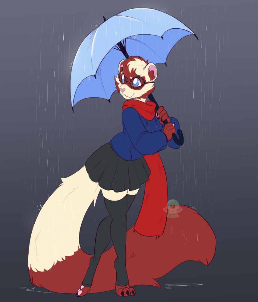 sketch illustration of an original character ferret anthro holding a light blue umbrella. She has light tan fur with rust red markings. She's wearing  goggles, a red scarf, dark blue sweater and black skirt and stockings. 
