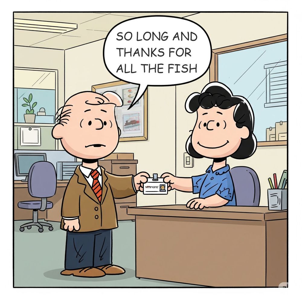 Me (as Charlie Brown )  handing in his vmware badge (to Lucy) upon leaving the company after 10 years