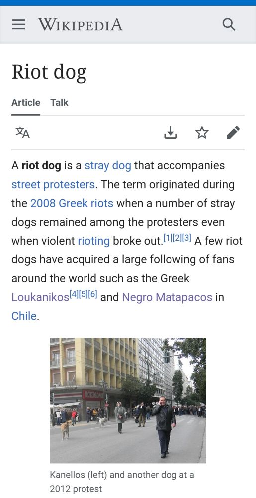 A Wikipedia entry for Riot dog stating "A riot dog is a stray dog that accompanies street protesters. The term originated during the 2008 Greek riots when a number of stray dogs remained among the protesters even when violent rioting broke out.[1][2][3] A few riot dogs have acquired a large following of fans around the world such as the Greek Loukanikos[4][5][6] and Negro Matapacos in Chile." Followed by a picture of 2 riot dogs at a protest in 2012.