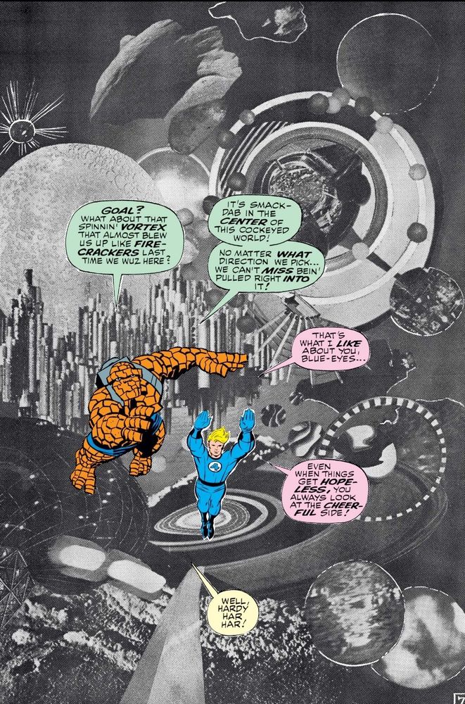 The Thing and the Human Torch floating in front of collage of images representing realities beyond our own