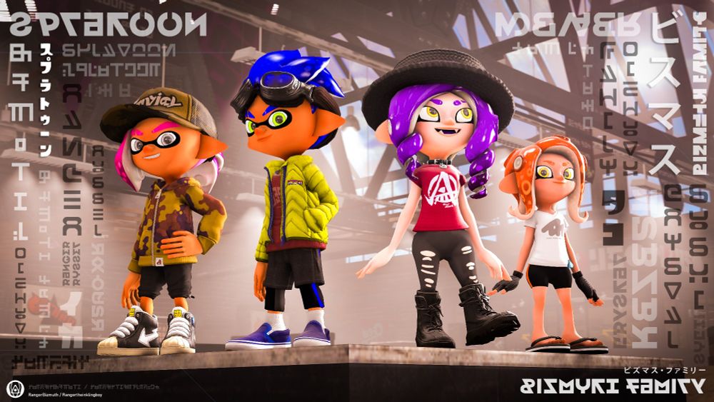 "OK so here's my family (yes we're a squad but SUSHI rather play roblox than with her family)" - RangerBizmuth



The Bizmuth family comprising of Ranger, Russell, Crystal, and Sushi all standing by at Humpback Pump Track.



Featured:

Ranger

Russel

Crystal

Sushi





All OCs created by @Rangertheinklingboy 



Splatoon Inkling Typefaces by frozenpandaman

Splatoon Round Script Typefaces by jacebeleren
Splatoon Deepsea fonts by Kirbypost-Generator

Splatoon Alterna Script Typefaces by addnin

Splatoon Square Typefaces and Sign Types by ardnin (Deciphered by Rassicas and MaidCactus)