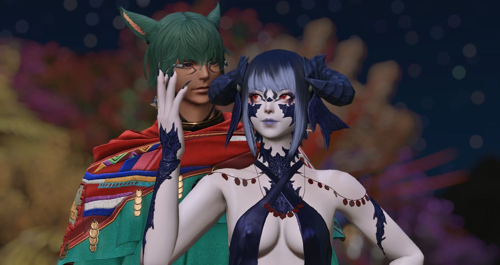 FFXIV gpose screenshot of a green haired cat boy and a dark blue haired lizard woman.