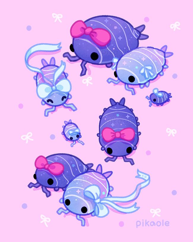 There are Powder Blue Isopods (Porcellionides pruinosus) of various sizes on a pastel pink background.
All of them are hanging with large and small ribbons. Happy and lovely atmosphere.