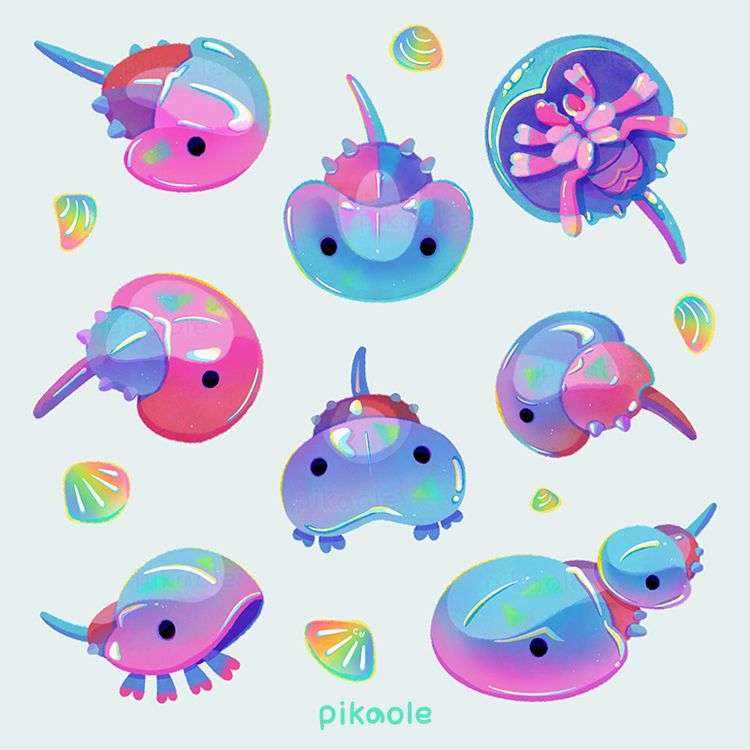Nine fluorescent Horseshoe crabs on a light sky blue background. Rainbow-colored seashells are scattered around.