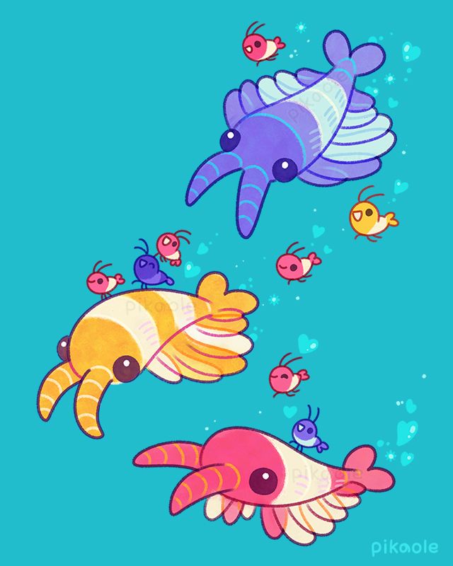 Three Anomalocaris and a Rili shrimp (Neocaridina) swim together. All have colorful patterns on their heads and tails. Heart-shaped water droplets fly around. A happy and bright atmosphere.