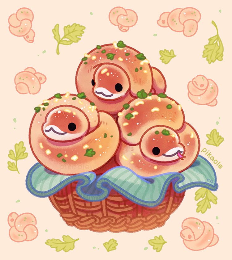 There are three Garlic knot pythons in a small rattan basket. They are smiling gently. One is hissing. They are very deliciously baked. There are small bread crumbs and parsley scattered in the background.
