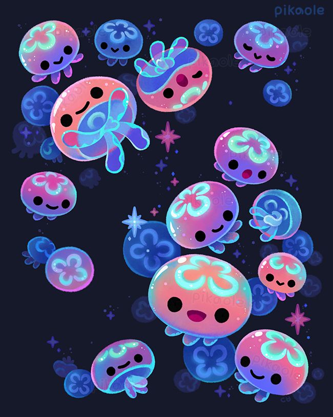 Several moon jellyfish (Aurelia aurita) swim in the dark sea. They glow in soft neon colors. A sparkling and peaceful atmosphere.