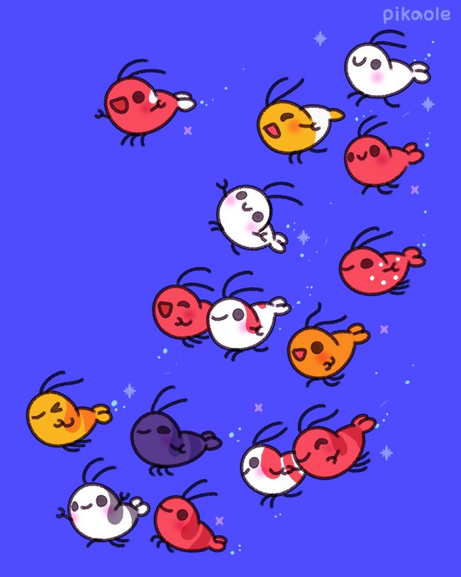 Shrimps of various colors are swimming happily. All of them are based on real freshwater shrimp. Cherry shrimp, bee shrimp and more.. Lively and happy atmosphere.