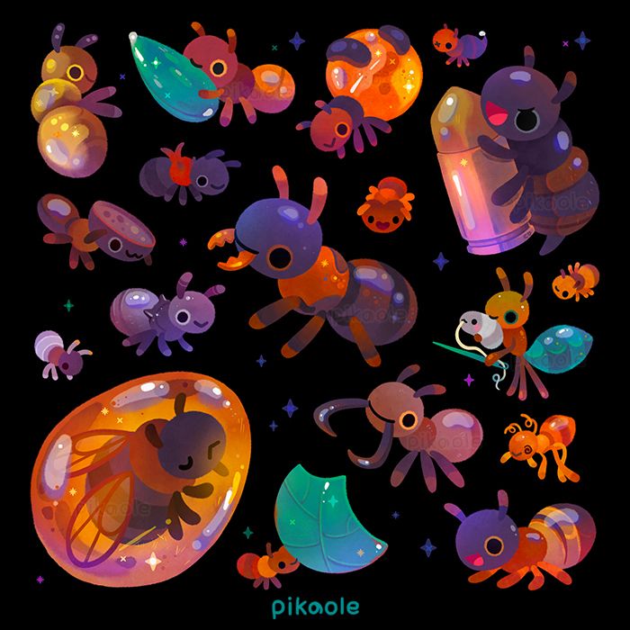 Several types of ants of different sizes on a black background. bullet ant, Leafcutter ant, Honeypot ant