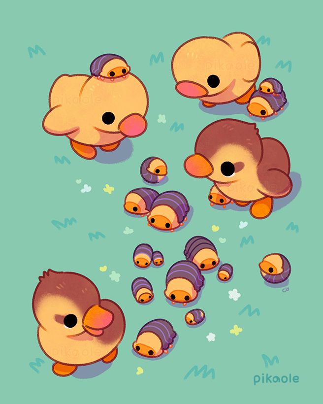 There are baby ducks and Rubber Ducky Isopod (Cubaris sp) of various sizes, big and small, in the grass. Peaceful and soft atmosphere.