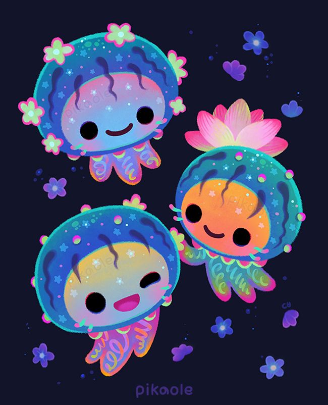 Three flower hat jellies (Olindias formosus) swim. Their bells are decorated with flowers. Small flowers float around them.
