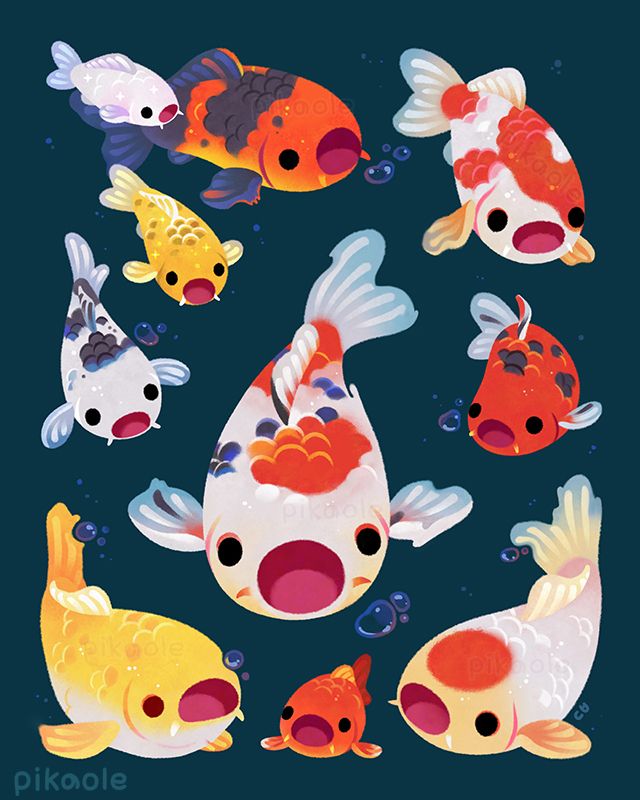 Ten large and small koi fish are opening their mouths. There are small bubbles around. They are of various types. In order: Platimun, Hi utsuri, Kohaku, Ogon, Bekko, Taisho-Sanke, Aka bekko, Kigoi, Higoi, Tancho