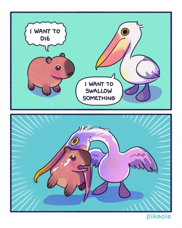 Two-panel cartoon

1. A capybara says: "I want to die."

Australian pelican says: "I want to swallow something."

2. A pelican trying to swallow a capybara.