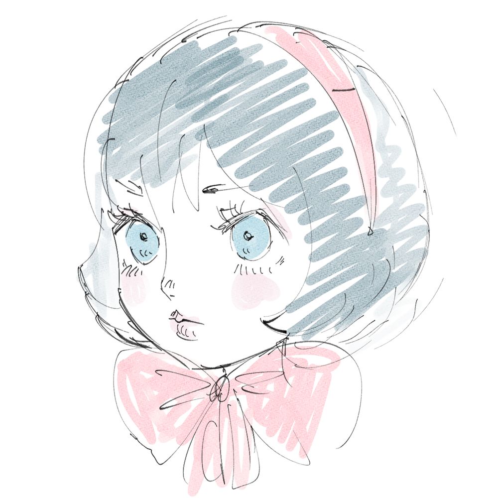 水色のショートカットの女の子の落書き
ピンクのカチューシャと首元にピンクのリボンがついてる