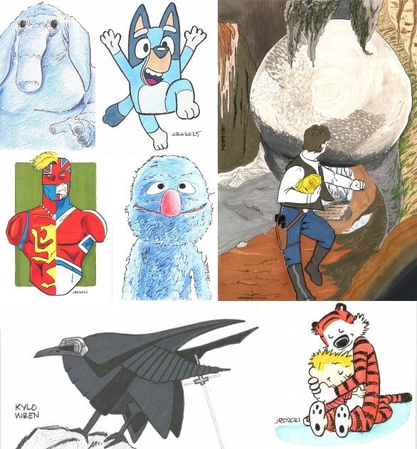 Samples of Robert Deans' artwork, including pictures of Max Reno, Bluey, Han Solo, Captain Britain, Grover, a Kylo Wren, and Calvin & Hobbes. 